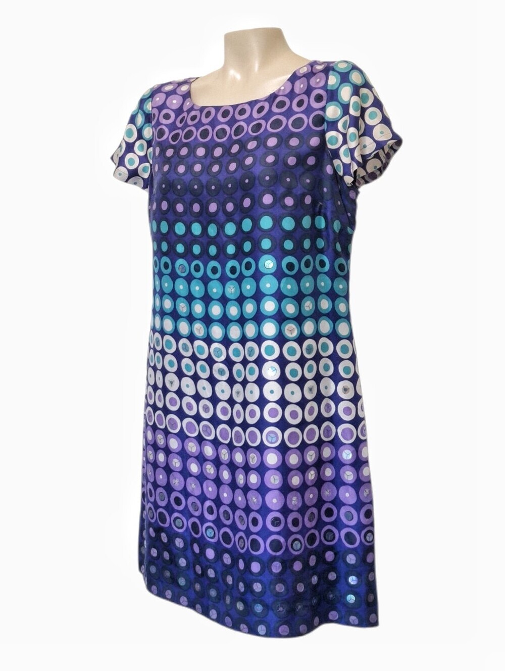 Boden Silk Dress Iridescent Sequin Circle Print Purple Teal Blue M - Picture 3 of 9